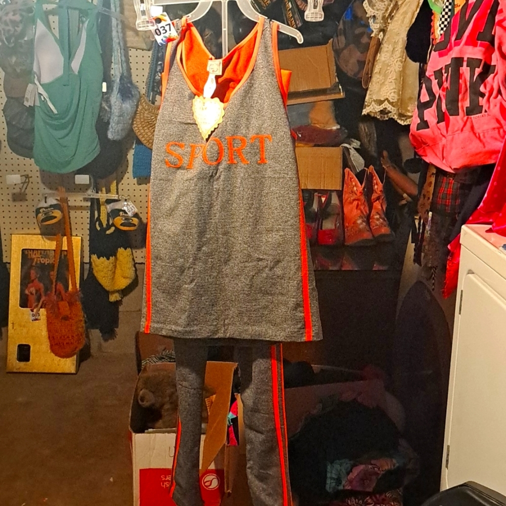 #37 F&f sports set tank top and leggings gray and neon orange one size fits most